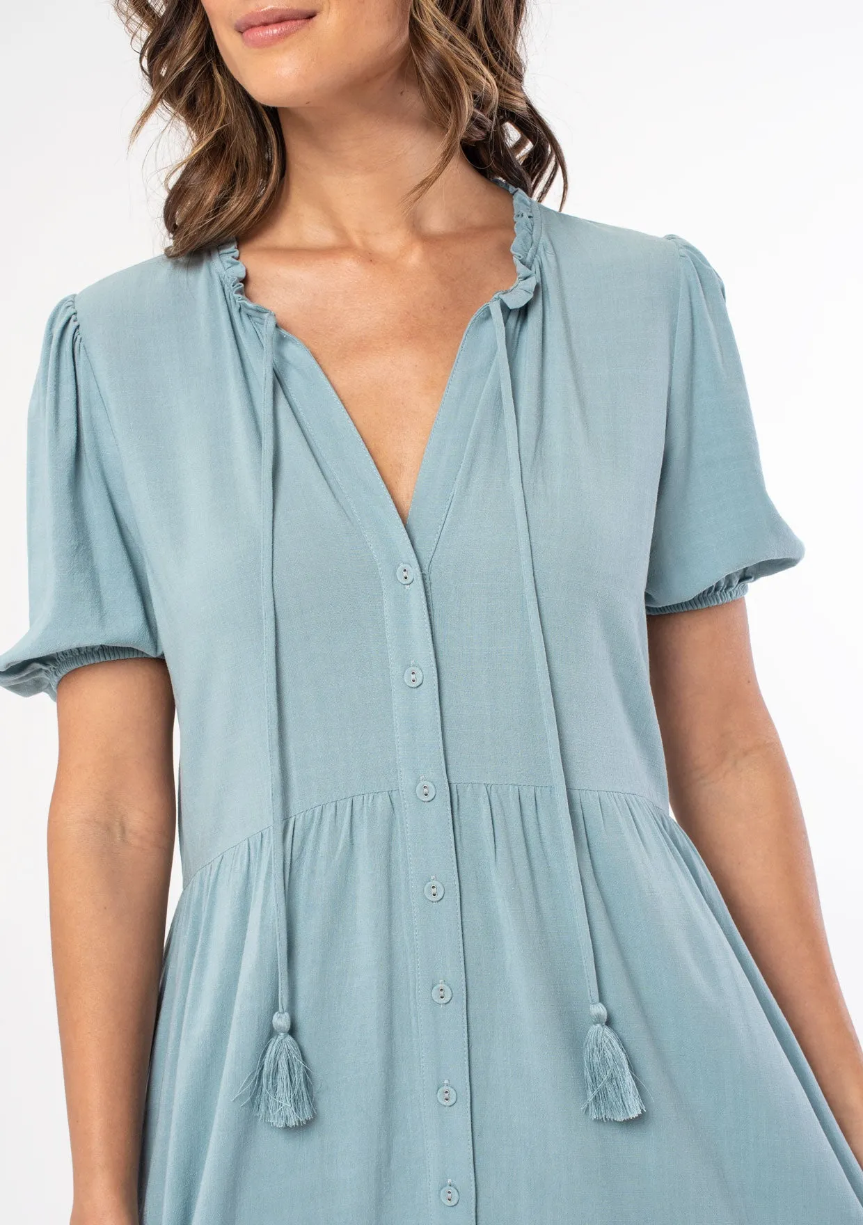 Short Puff Sleeve Button Front Midi Dress