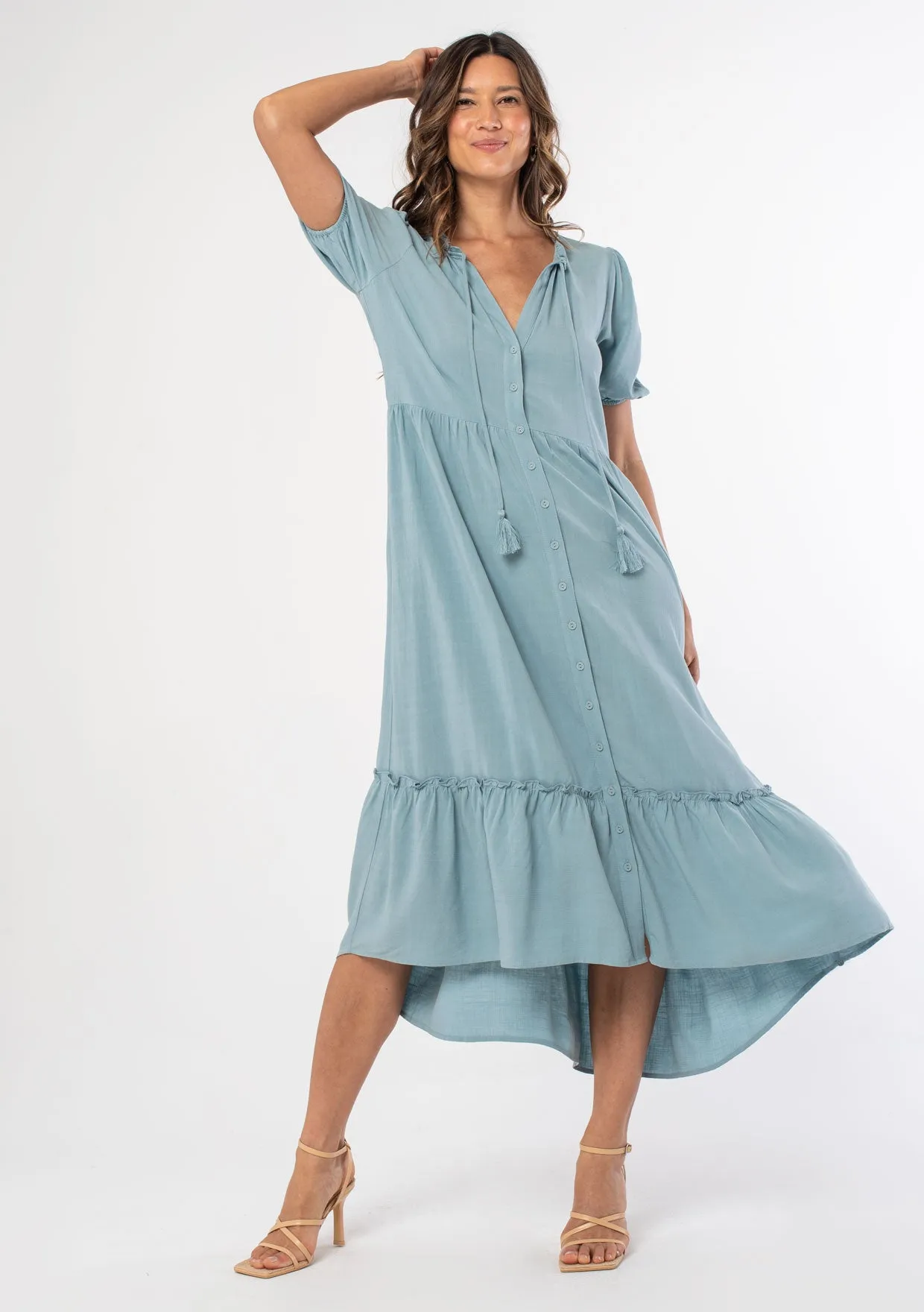 Short Puff Sleeve Button Front Midi Dress