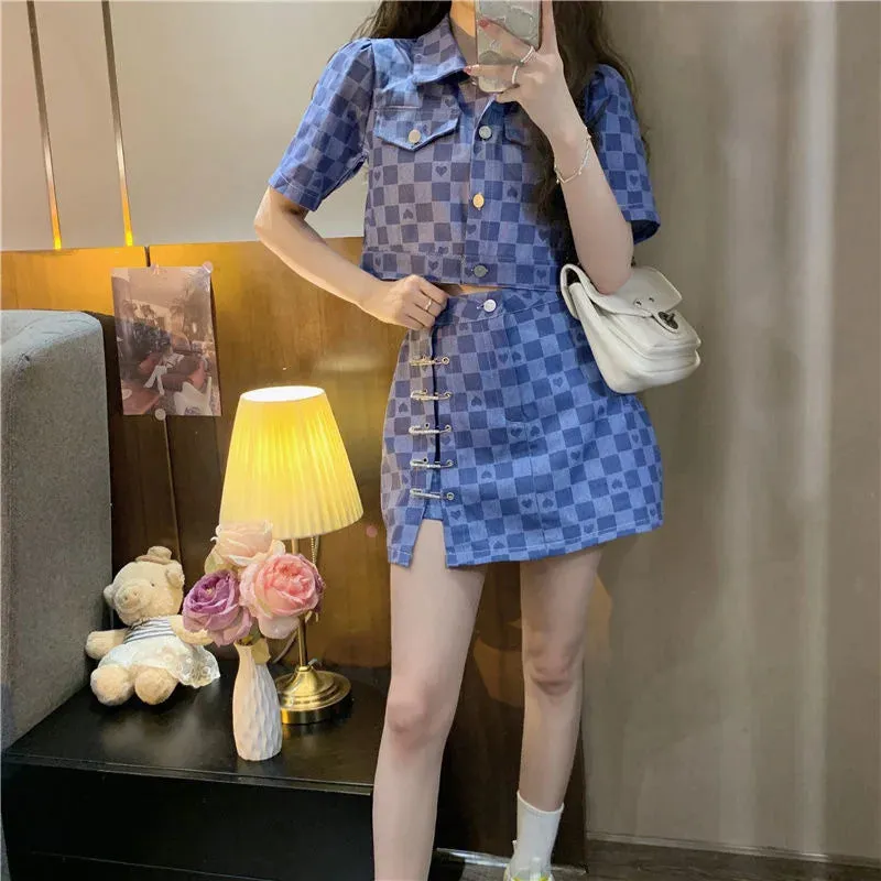 Short Sleeve Jacket Plaid Shirt & Skirt Two Piece Sets Women Outfit
