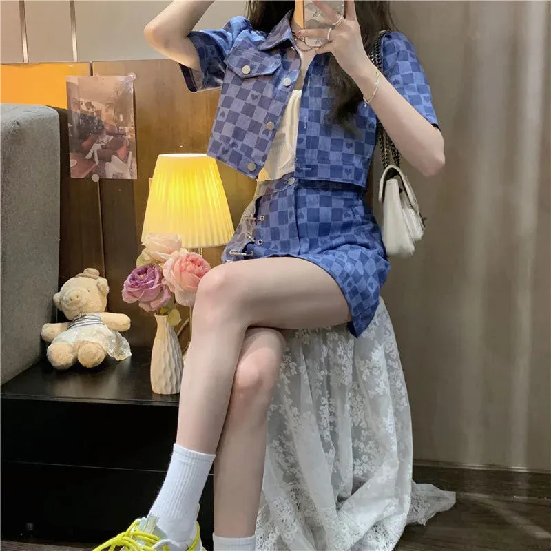 Short Sleeve Jacket Plaid Shirt & Skirt Two Piece Sets Women Outfit