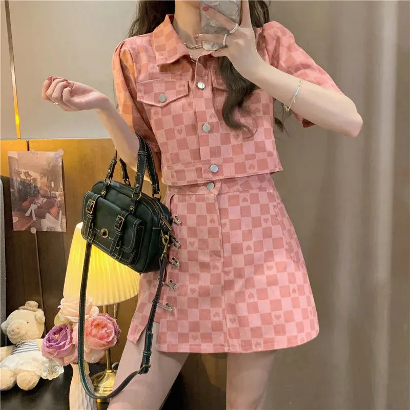 Short Sleeve Jacket Plaid Shirt & Skirt Two Piece Sets Women Outfit