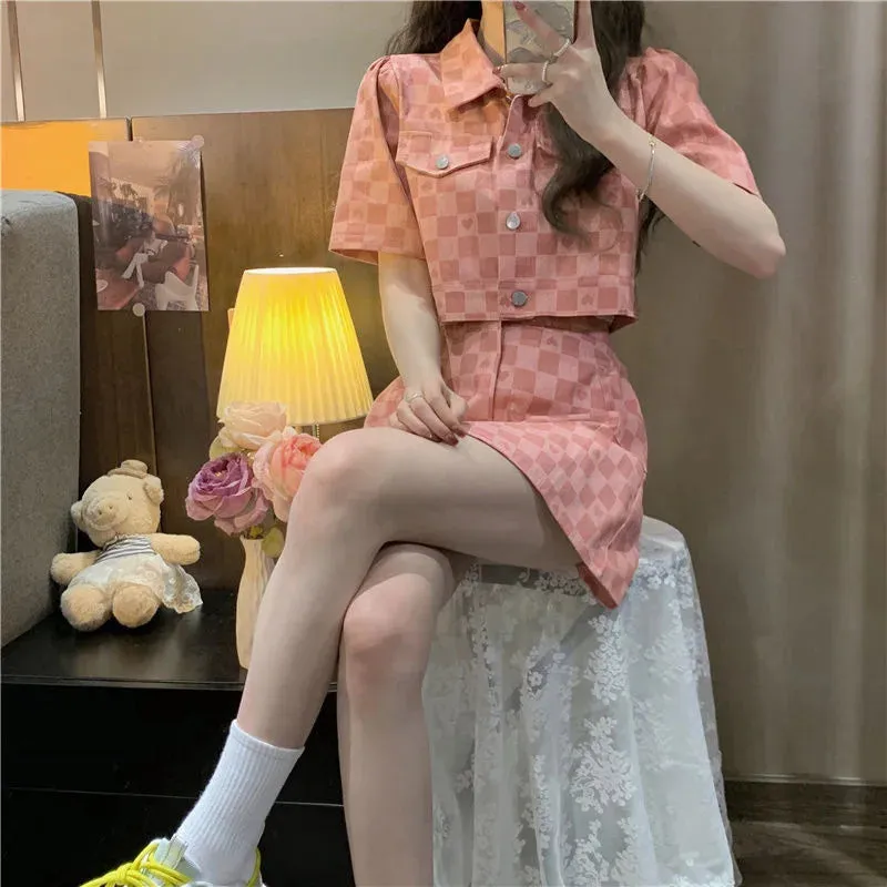 Short Sleeve Jacket Plaid Shirt & Skirt Two Piece Sets Women Outfit