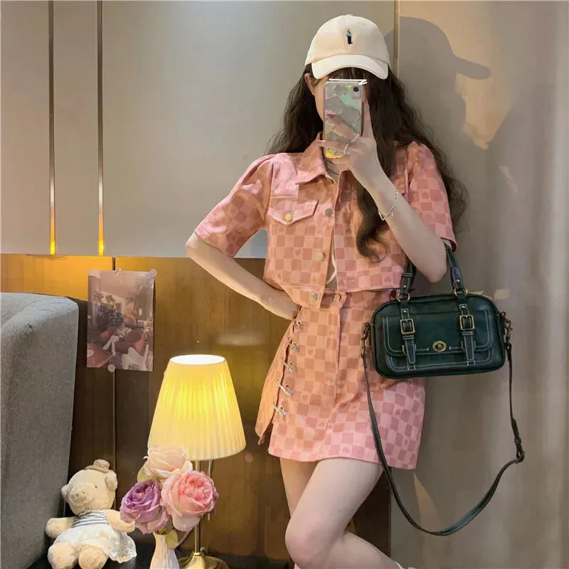 Short Sleeve Jacket Plaid Shirt & Skirt Two Piece Sets Women Outfit