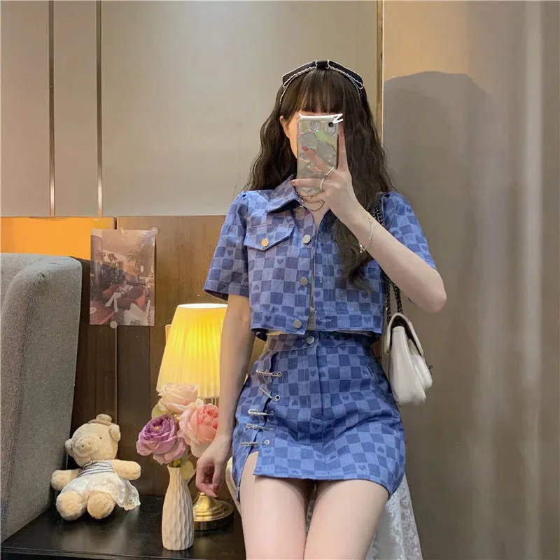 Short Sleeve Jacket Plaid Shirt & Skirt Two Piece Sets Women Outfit