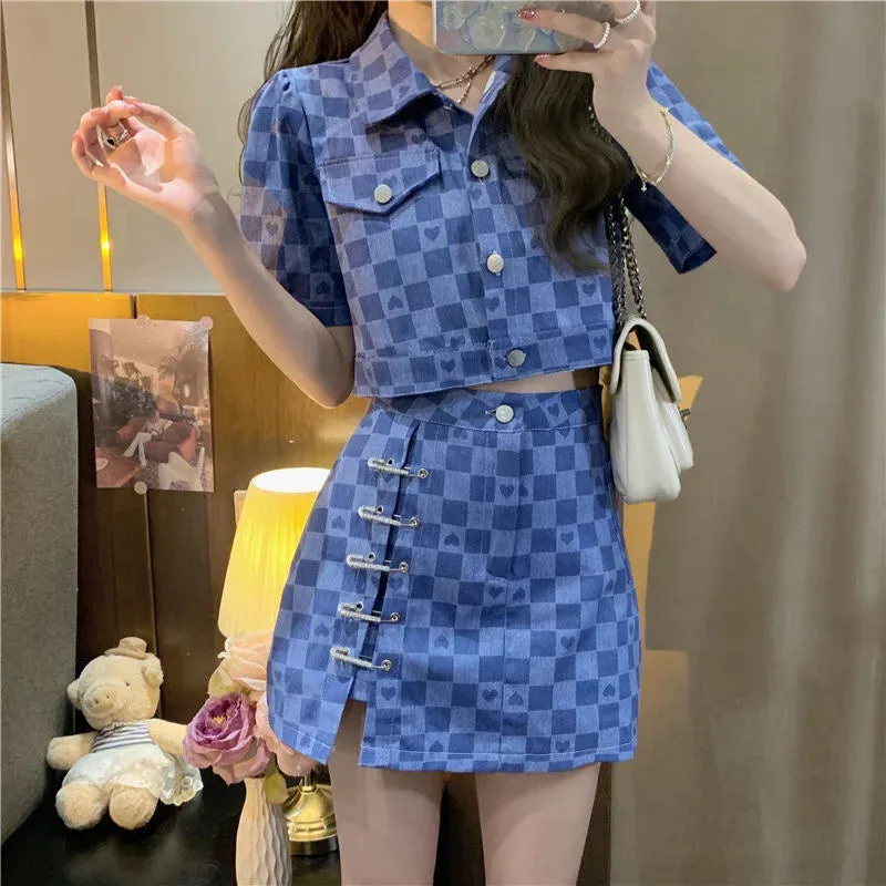 Short Sleeve Jacket Plaid Shirt & Skirt Two Piece Sets Women Outfit