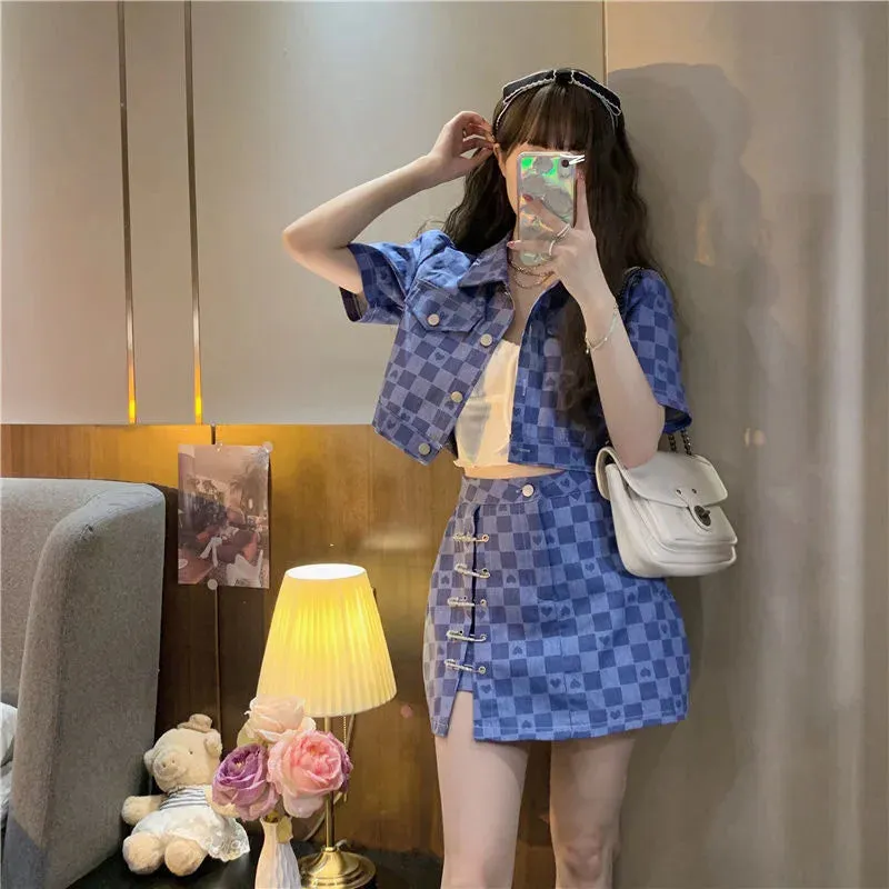 Short Sleeve Jacket Plaid Shirt & Skirt Two Piece Sets Women Outfit