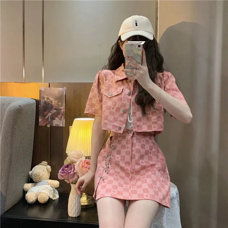 Short Sleeve Jacket Plaid Shirt & Skirt Two Piece Sets Women Outfit