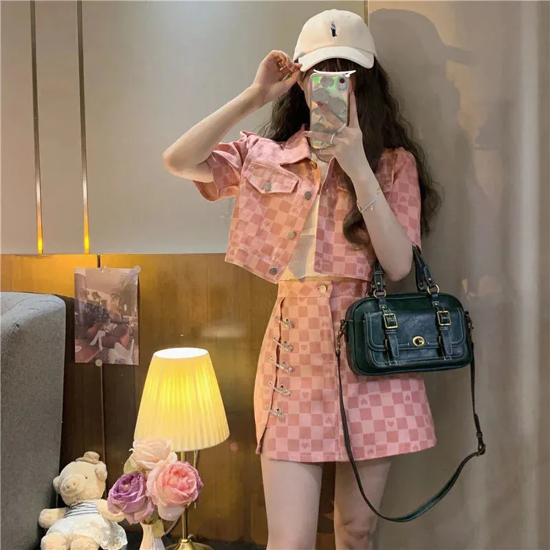 Short Sleeve Jacket Plaid Shirt & Skirt Two Piece Sets Women Outfit