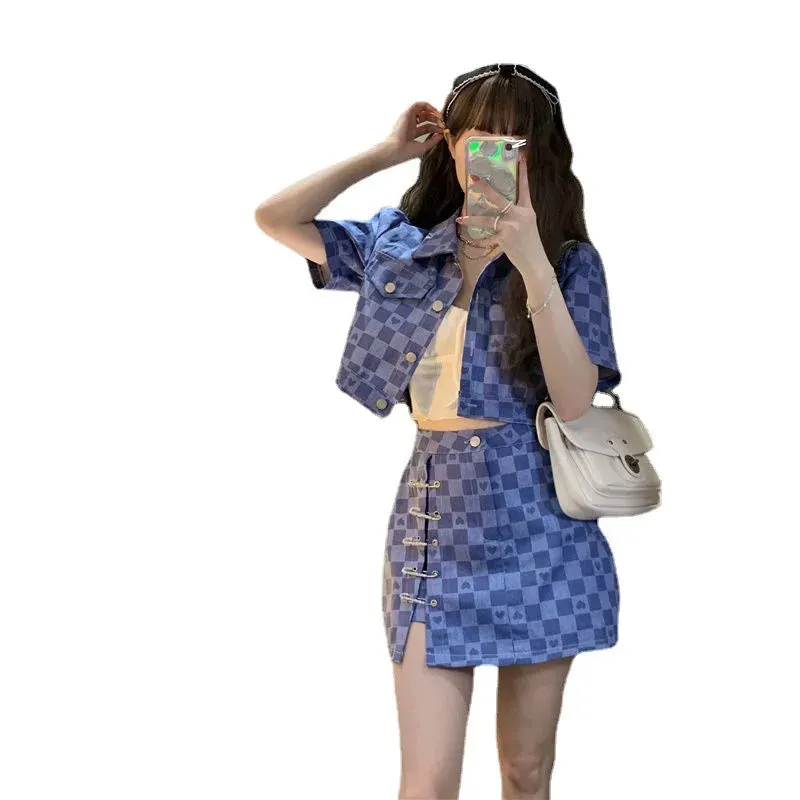 Short Sleeve Jacket Plaid Shirt & Skirt Two Piece Sets Women Outfit