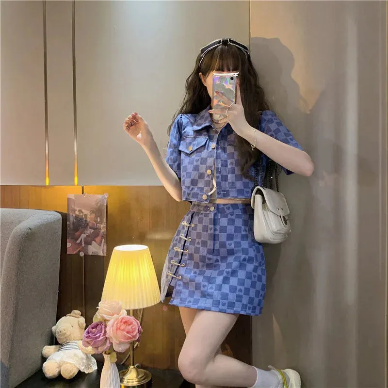 Short Sleeve Jacket Plaid Shirt & Skirt Two Piece Sets Women Outfit