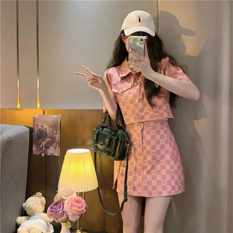 Short Sleeve Jacket Plaid Shirt & Skirt Two Piece Sets Women Outfit