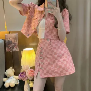 Short Sleeve Jacket Plaid Shirt & Skirt Two Piece Sets Women Outfit