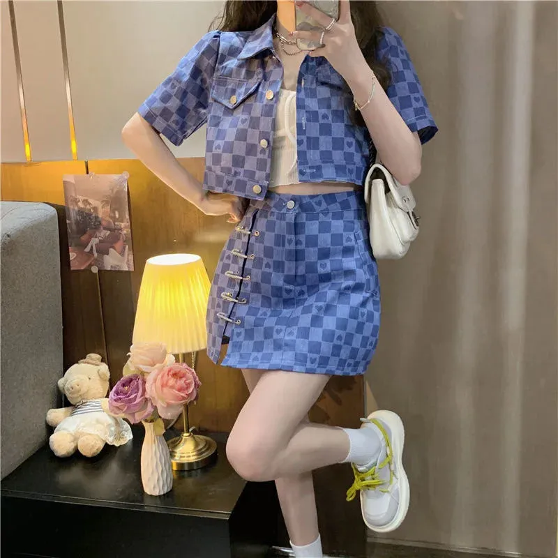 Short Sleeve Jacket Plaid Shirt & Skirt Two Piece Sets Women Outfit