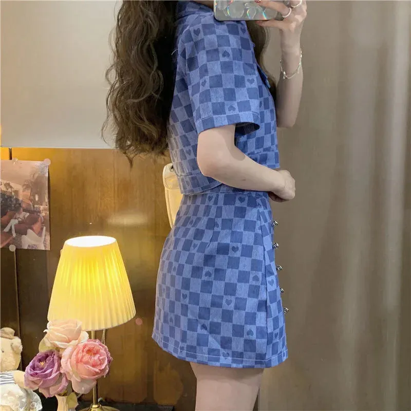 Short Sleeve Jacket Plaid Shirt & Skirt Two Piece Sets Women Outfit