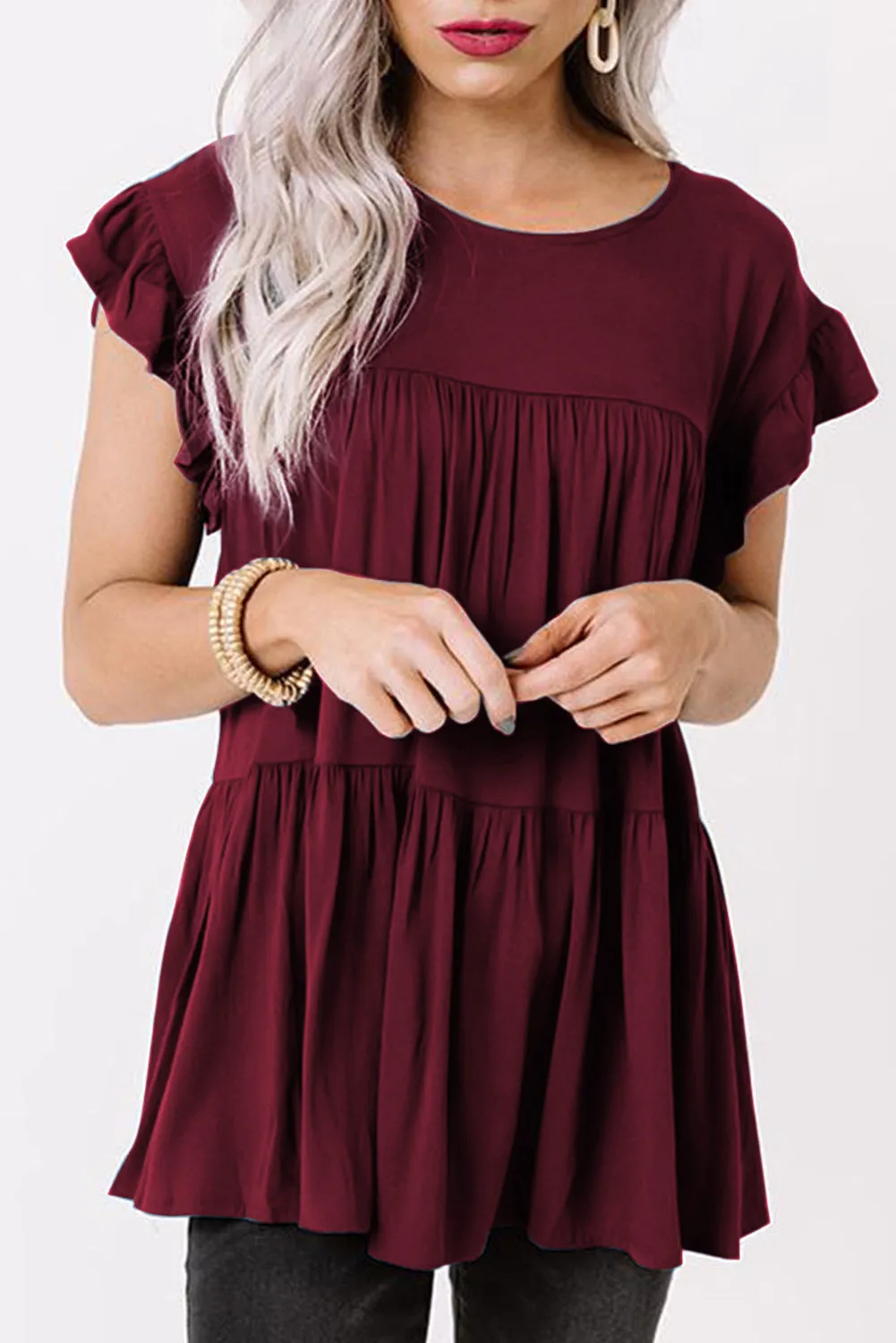 Short Sleeve Keyhole Ruffled Babydoll Top