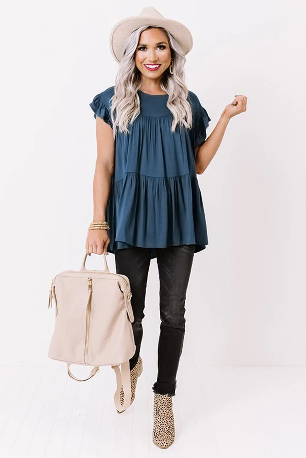 Short Sleeve Keyhole Ruffled Babydoll Top