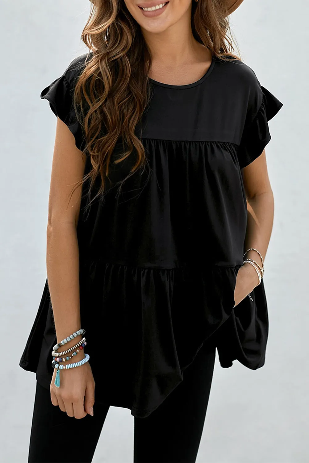 Short Sleeve Keyhole Ruffled Babydoll Top