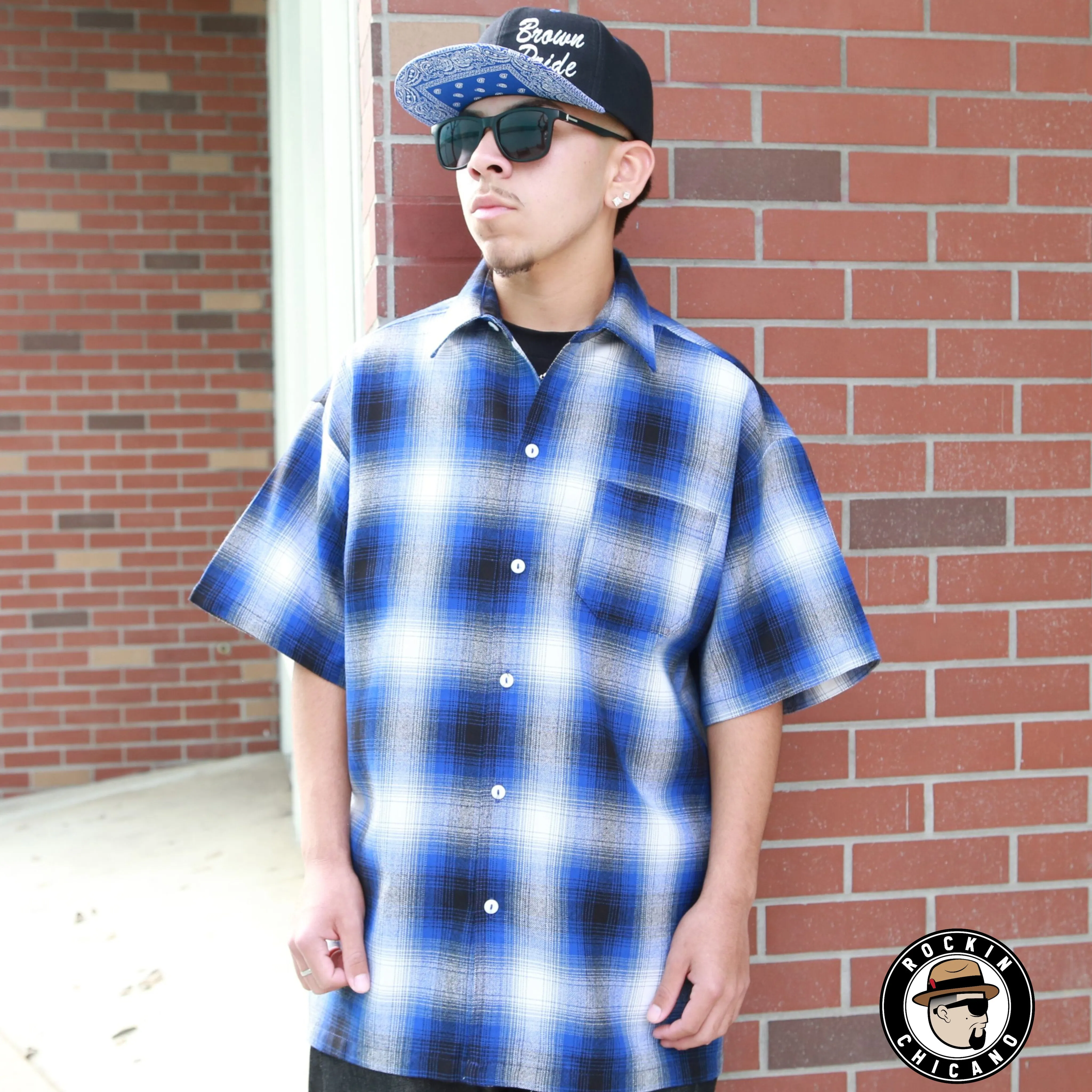 SHORT SLEEVE PLAID BUTTON UP SHIRT-ROYAL BLUE/ WHITE