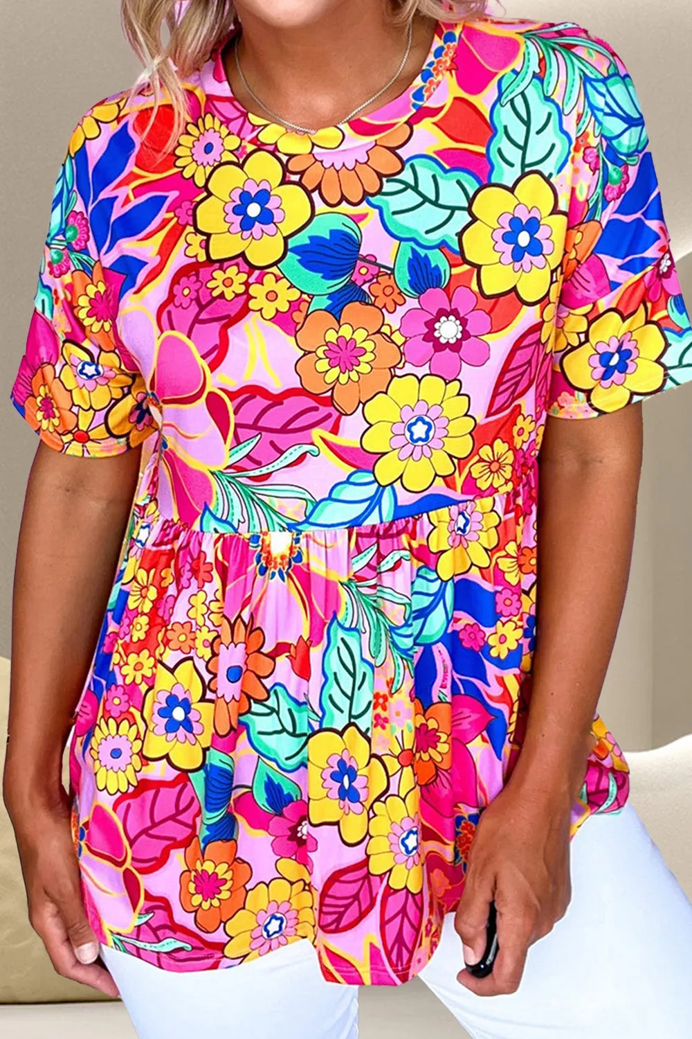Sienna Printed Round Neck Short Sleeve Blouse