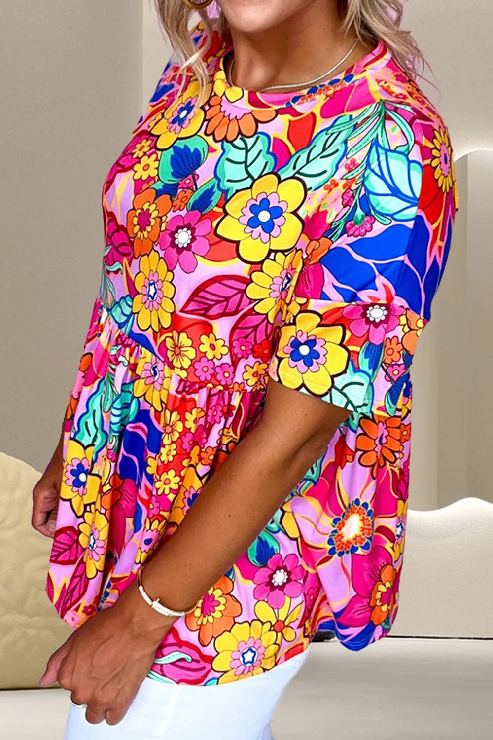 Sienna Printed Round Neck Short Sleeve Blouse