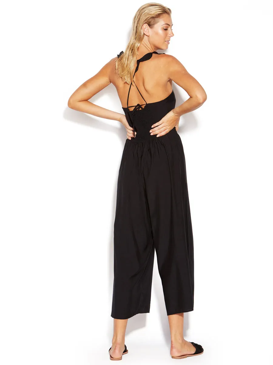 Silk Blend Ruffled Jumpsuit Black