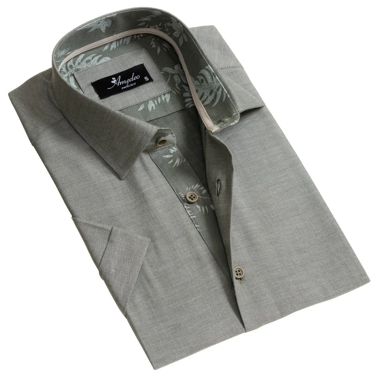 Silver Mens Short Sleeve Button up Shirts - Tailored Slim Fit Cotton Dress Shirts