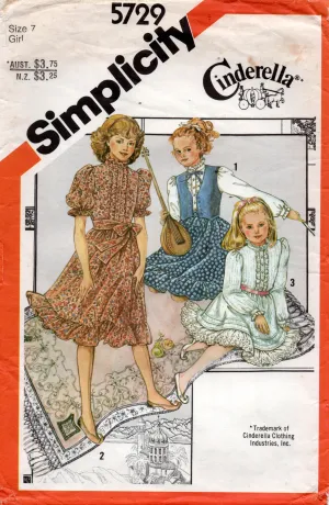 Simplicity 5729 CINDERELLA Girls Puff Sleeved Dress Vest & Sash 1980s Vintage Sewing Pattern Size 7 UNCUT Factory Folded