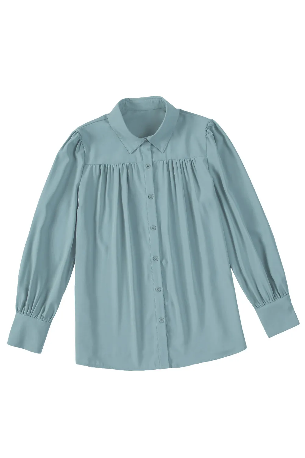 Sky Blue Solid Color Button Up Puff Sleeve Blouse