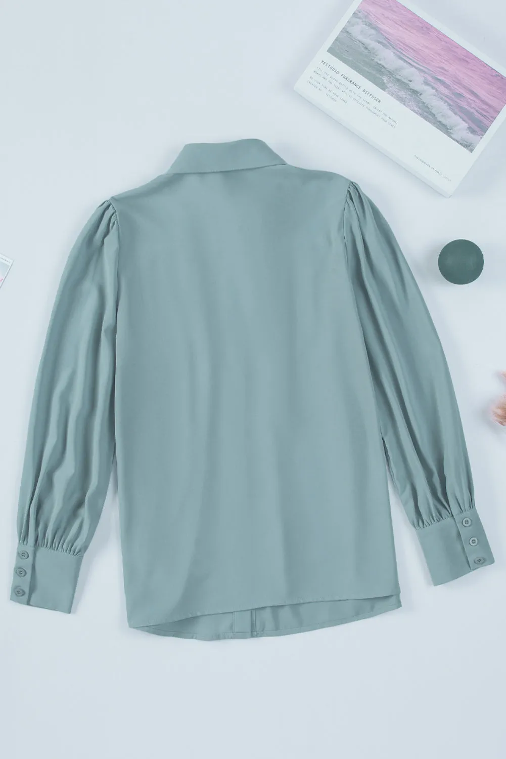 Sky Blue Solid Color Button Up Puff Sleeve Blouse