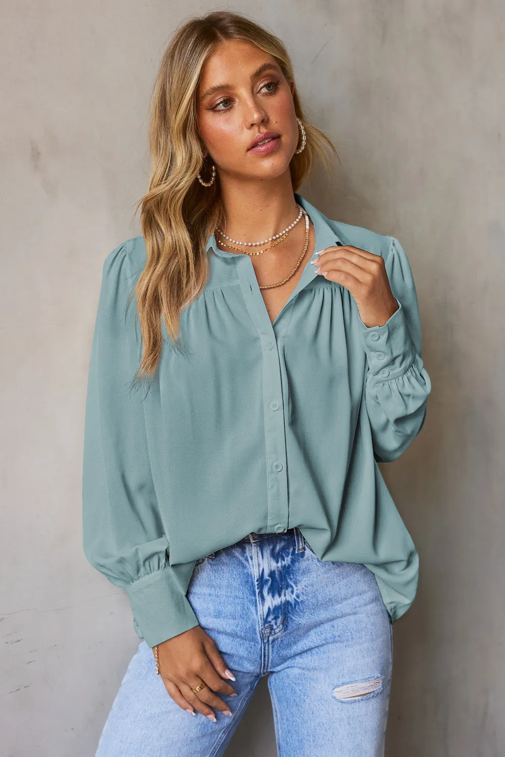 Sky Blue Solid Color Button Up Puff Sleeve Blouse