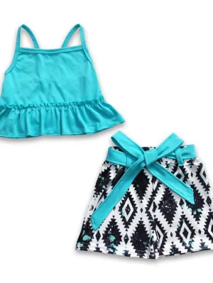 Sleeveless top aztec shorts with belt girls clothing set