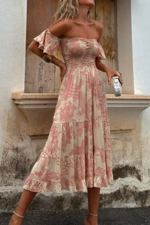 Smocked Off-Shoulder Printed Midi Dress