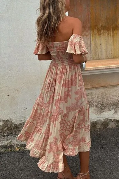 Smocked Off-Shoulder Printed Midi Dress