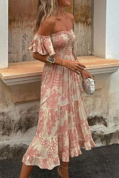 Smocked Off-Shoulder Printed Midi Dress