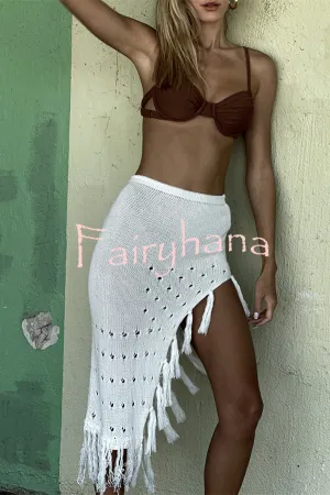 Solid Color Elastic Waist Hollow Tassel Beach Knitted Midi Skirt