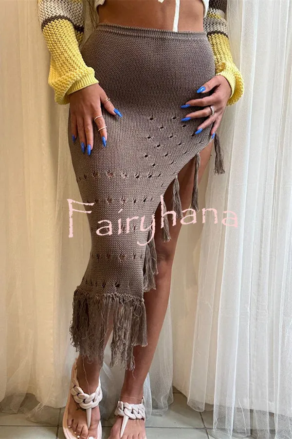 Solid Color Elastic Waist Hollow Tassel Beach Knitted Midi Skirt