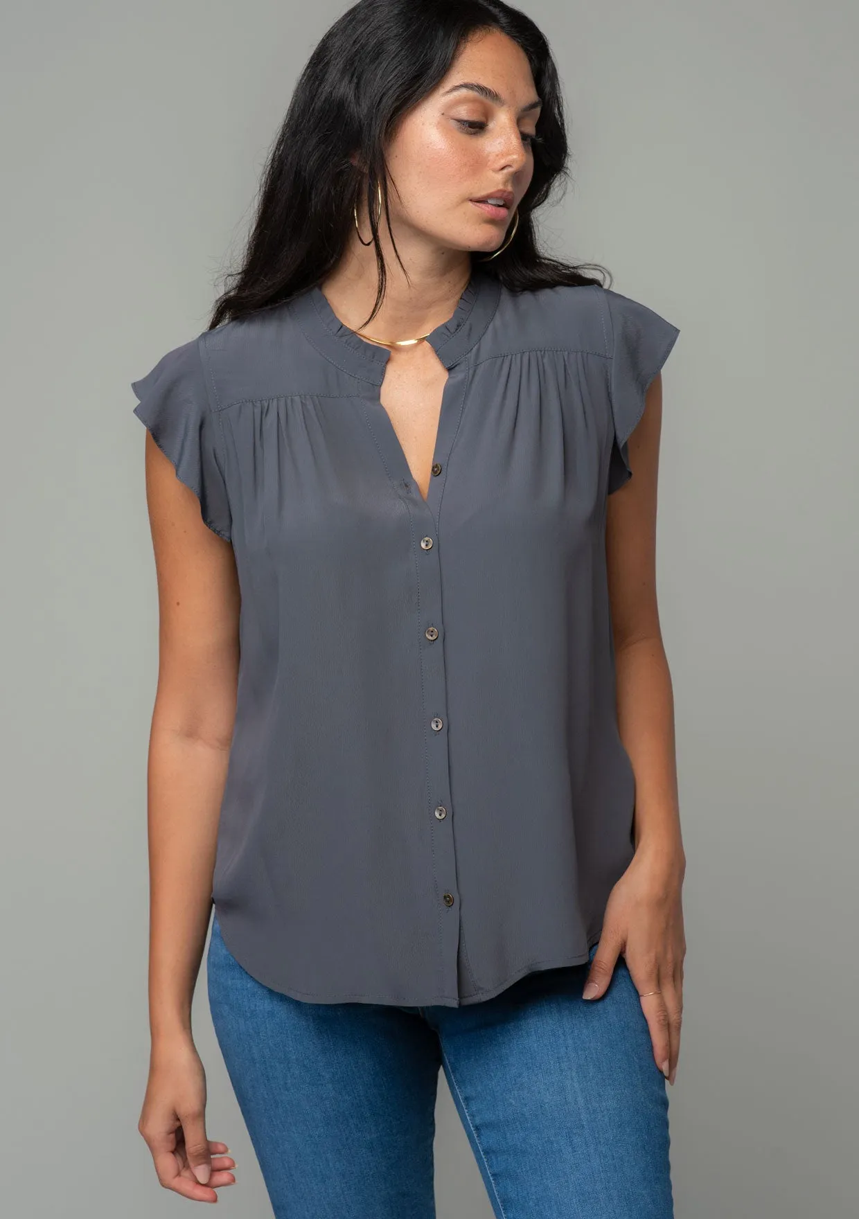 Solid Flutter Cap Sleeve Button Front Blouse