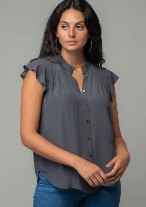 Solid Flutter Cap Sleeve Button Front Blouse