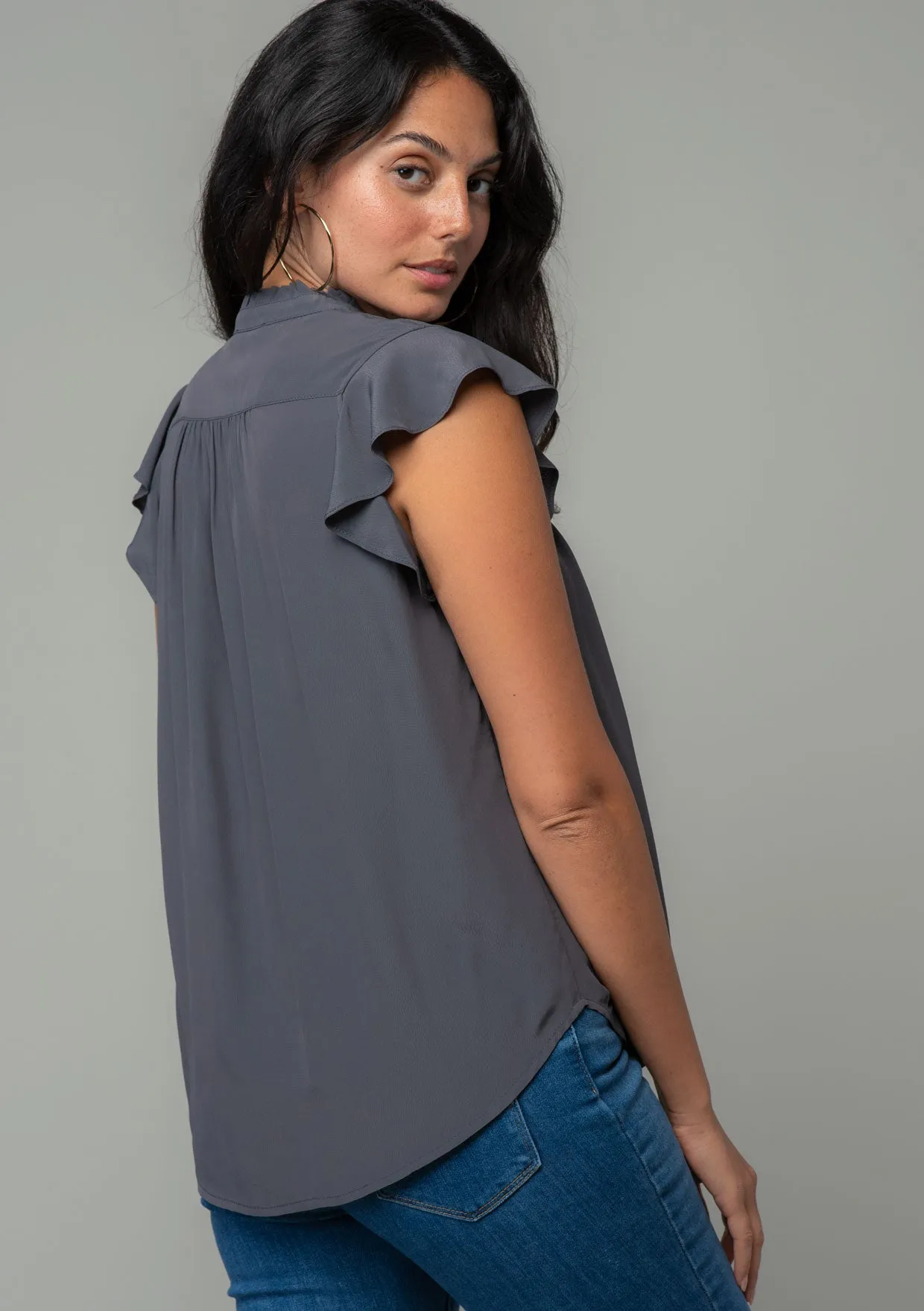 Solid Flutter Cap Sleeve Button Front Blouse