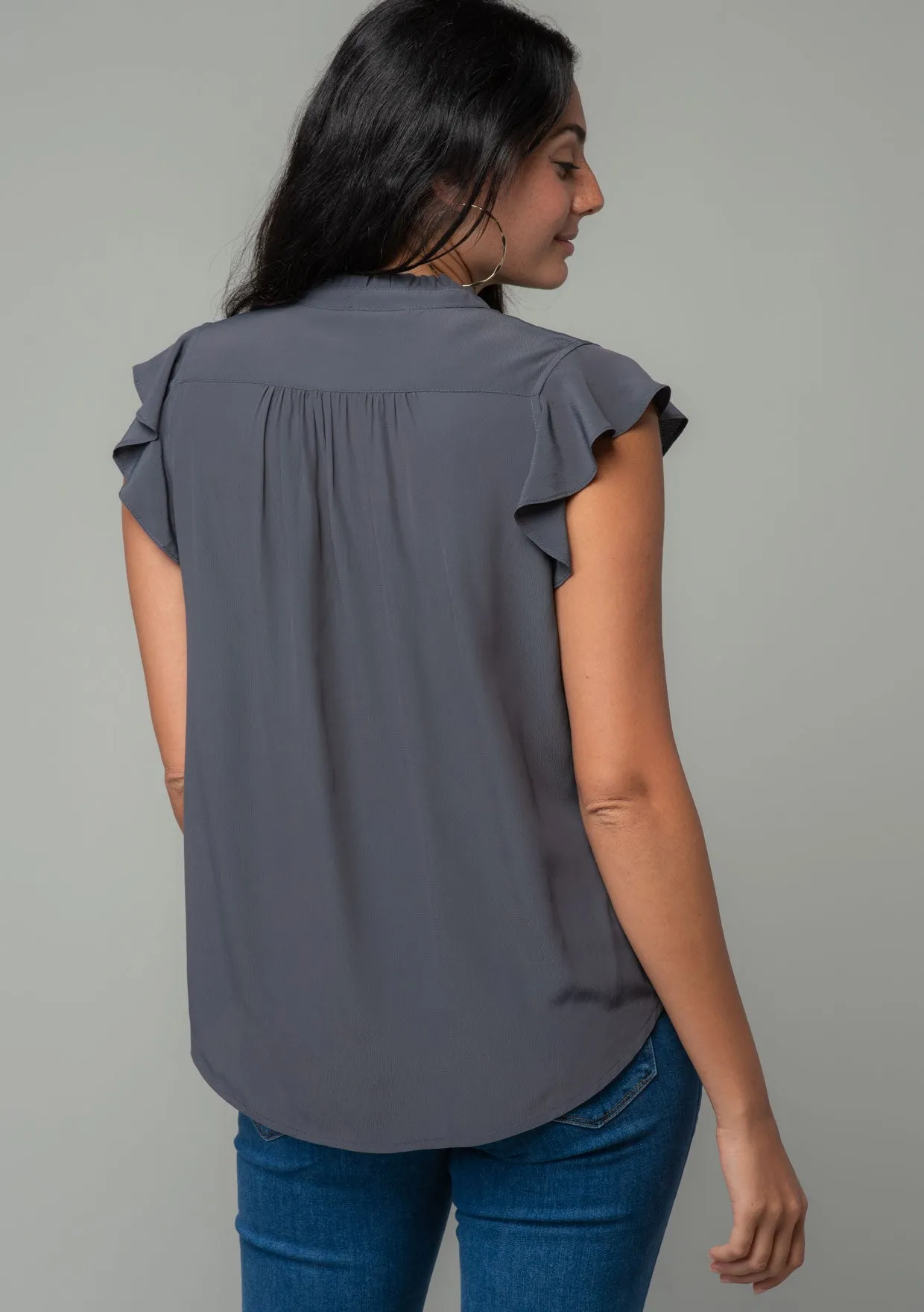Solid Flutter Cap Sleeve Button Front Blouse