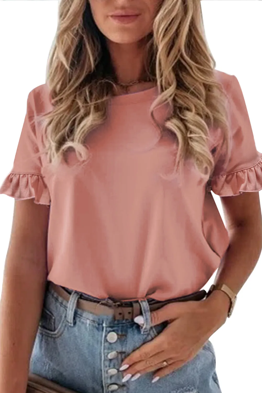 Solid Ruffled Short Sleeve T-Shirt