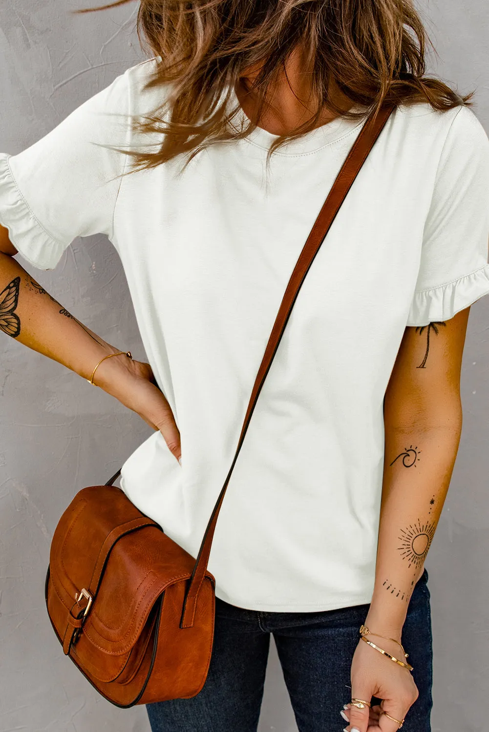 Solid Ruffled Short Sleeve T-Shirt
