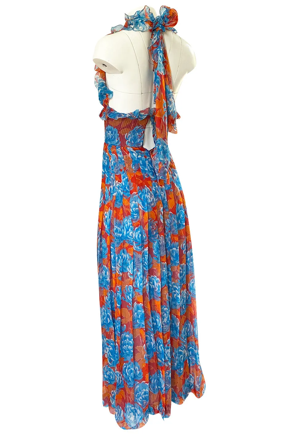 Spectacular c.1978 Valentino Blue & Coral Floral Silk Halter Backless Dress