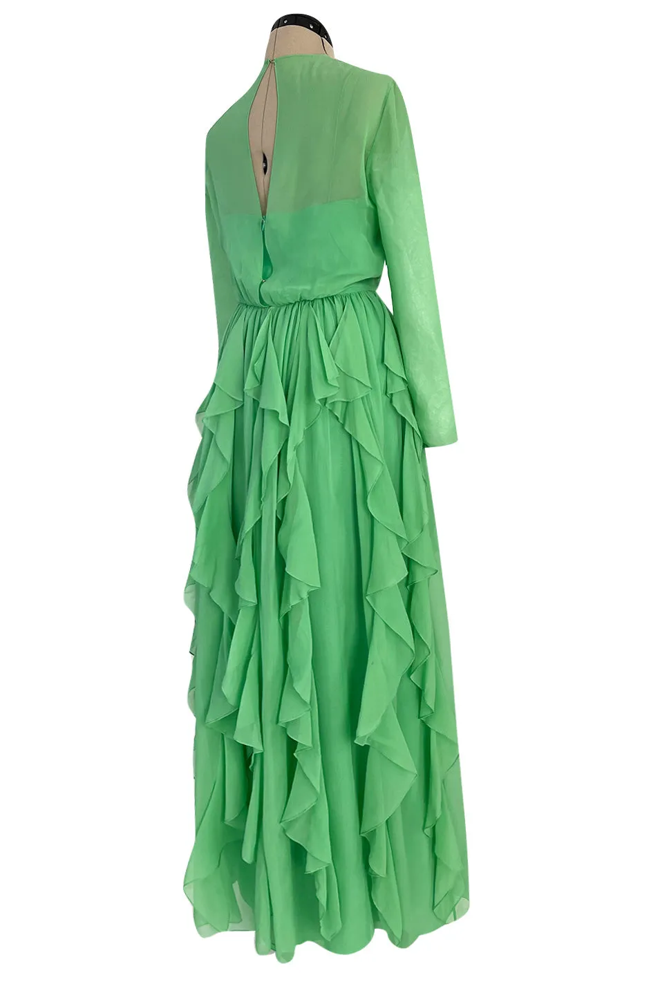 Spring 1981 Bill Blass Pastel Green Silk Chiffon Dress w Elaborate Vertically Set Ruffled Skirt