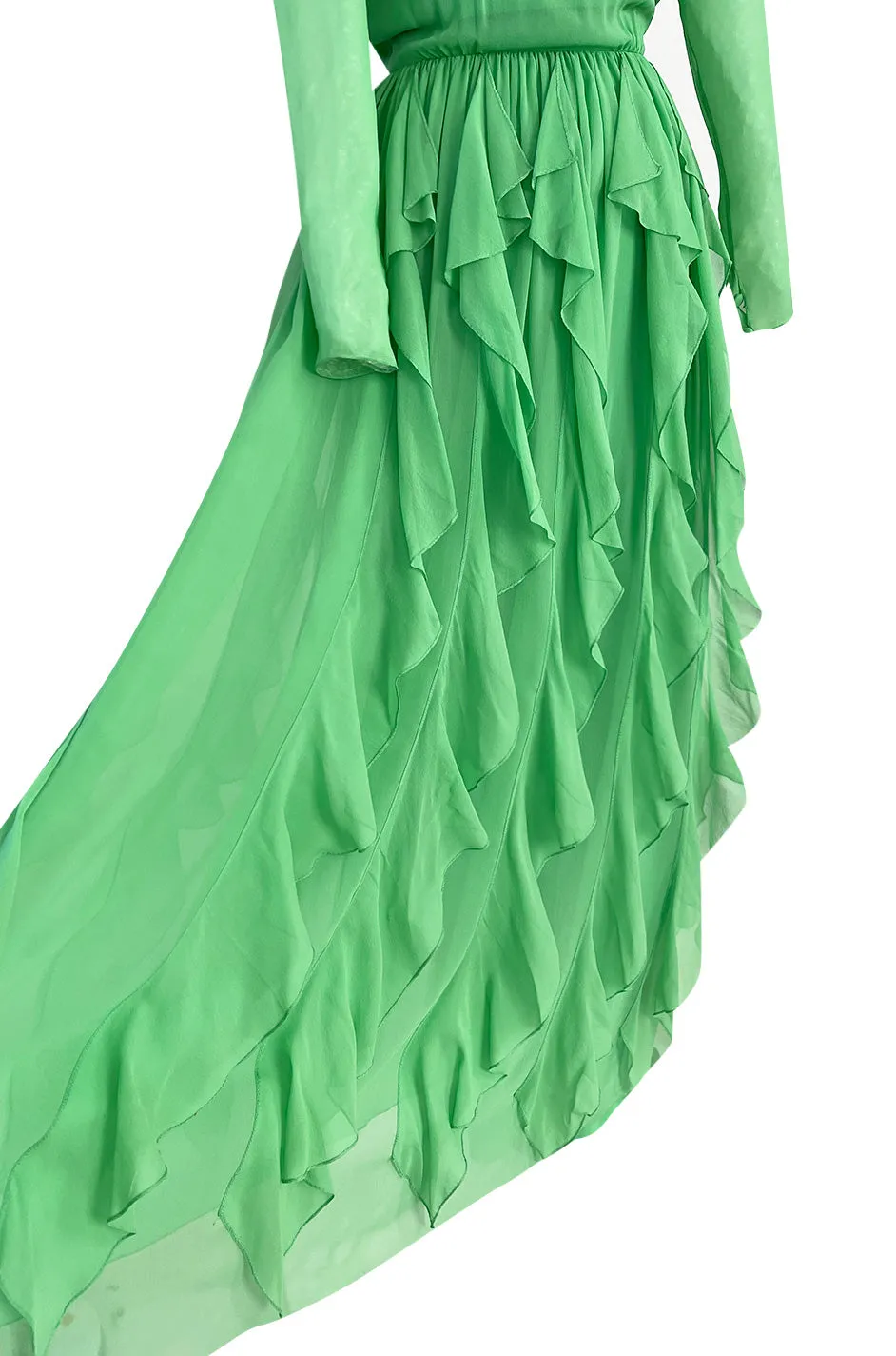 Spring 1981 Bill Blass Pastel Green Silk Chiffon Dress w Elaborate Vertically Set Ruffled Skirt