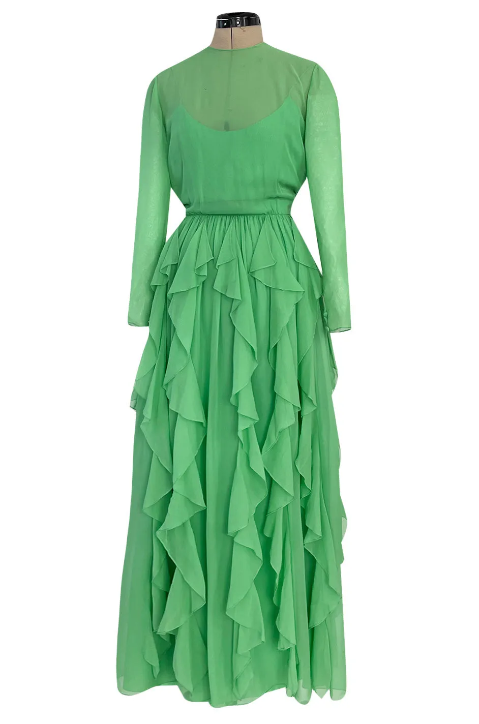 Spring 1981 Bill Blass Pastel Green Silk Chiffon Dress w Elaborate Vertically Set Ruffled Skirt