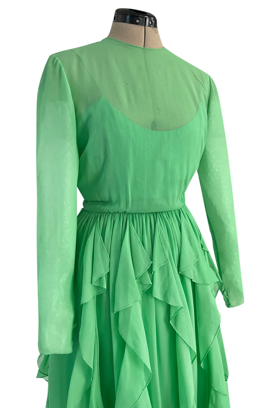 Spring 1981 Bill Blass Pastel Green Silk Chiffon Dress w Elaborate Vertically Set Ruffled Skirt