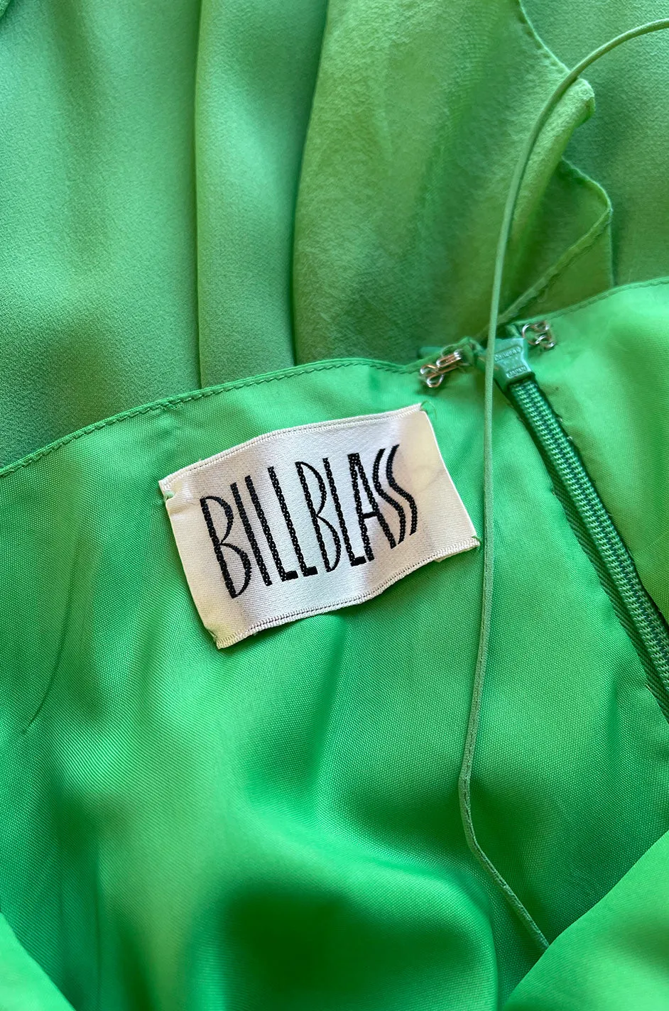 Spring 1981 Bill Blass Pastel Green Silk Chiffon Dress w Elaborate Vertically Set Ruffled Skirt