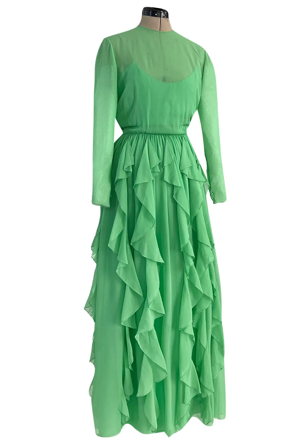 Spring 1981 Bill Blass Pastel Green Silk Chiffon Dress w Elaborate Vertically Set Ruffled Skirt