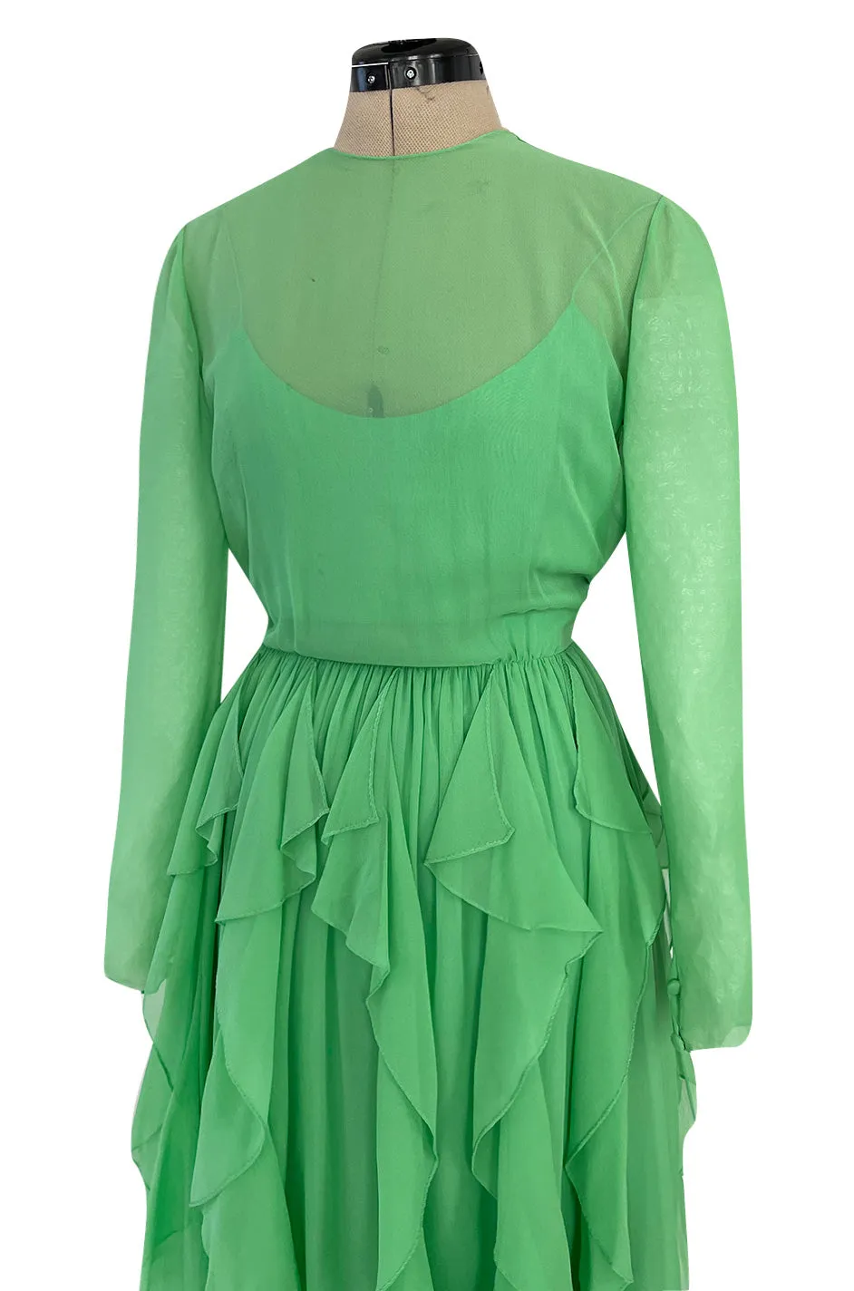 Spring 1981 Bill Blass Pastel Green Silk Chiffon Dress w Elaborate Vertically Set Ruffled Skirt